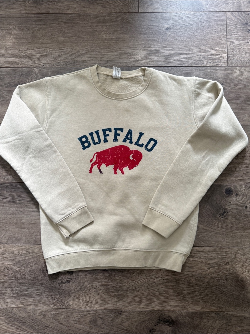 Buffalo David Bitton Cream Crewneck with Red Buffalo & Blue Text